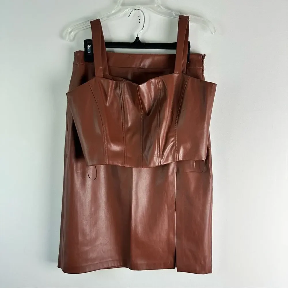 New JASON WU Faux Leather Chocolate Brown Midi skirt 2 Piece Set Large Vegan